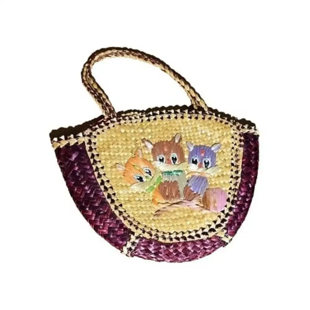 Cute Vintage 80's 3 Little Kitens Purse Plastic Lined Straw Asian Style Kids